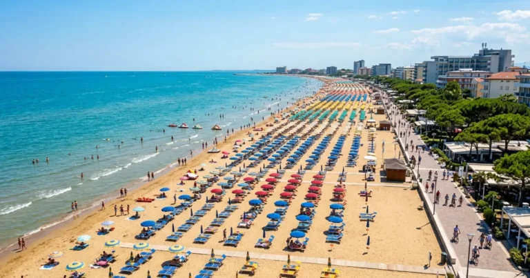 Lido di Jesolo 5 Rows of colorful sun loungers on the sandy beach of Lido di Jesolo
