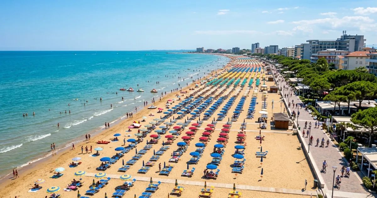 Rows of colorful sun loungers on the sandy beach of Lido di Jesolo