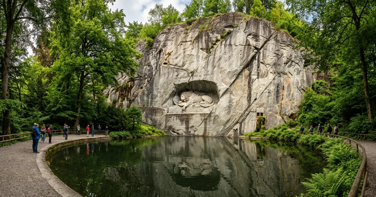 The Lion Monument carved into a rock face in Lucerne, Switzerland