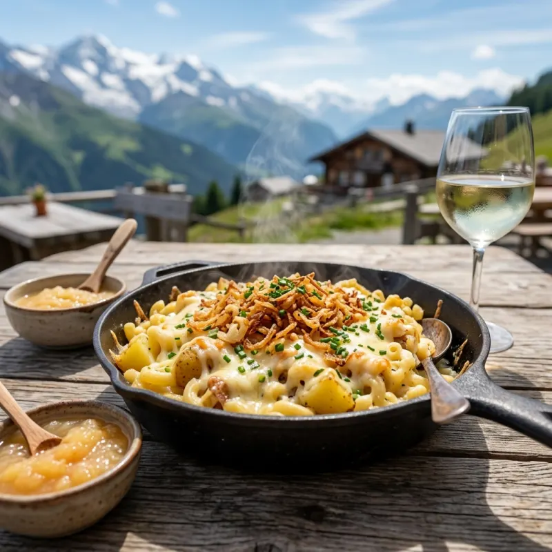 A pan of traditional Swiss Älplermagronen served on a mountain terrace