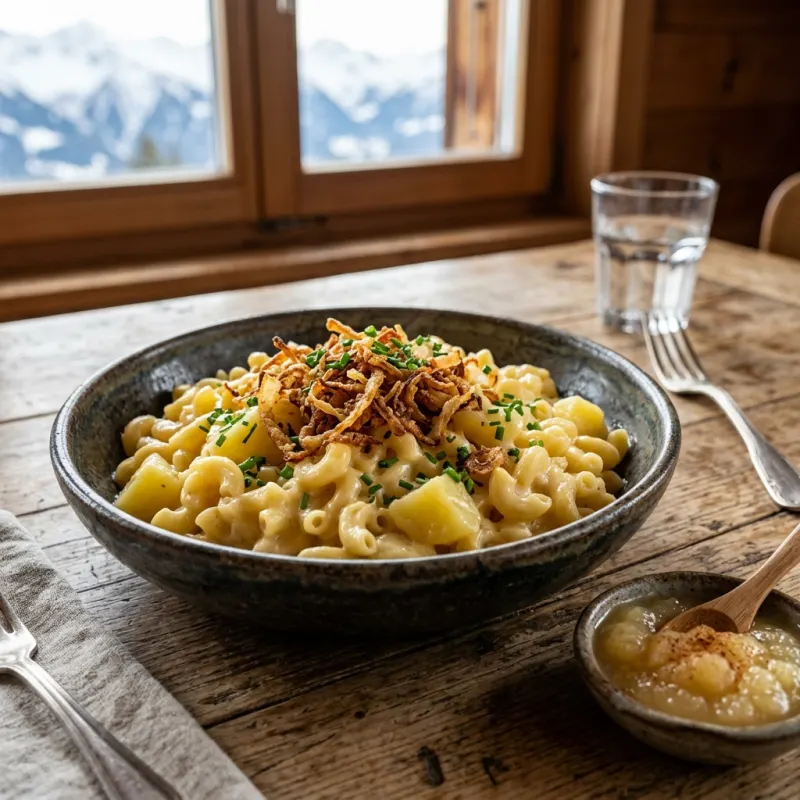 A bowl of traditional Swiss Älplermagronen with applesauce