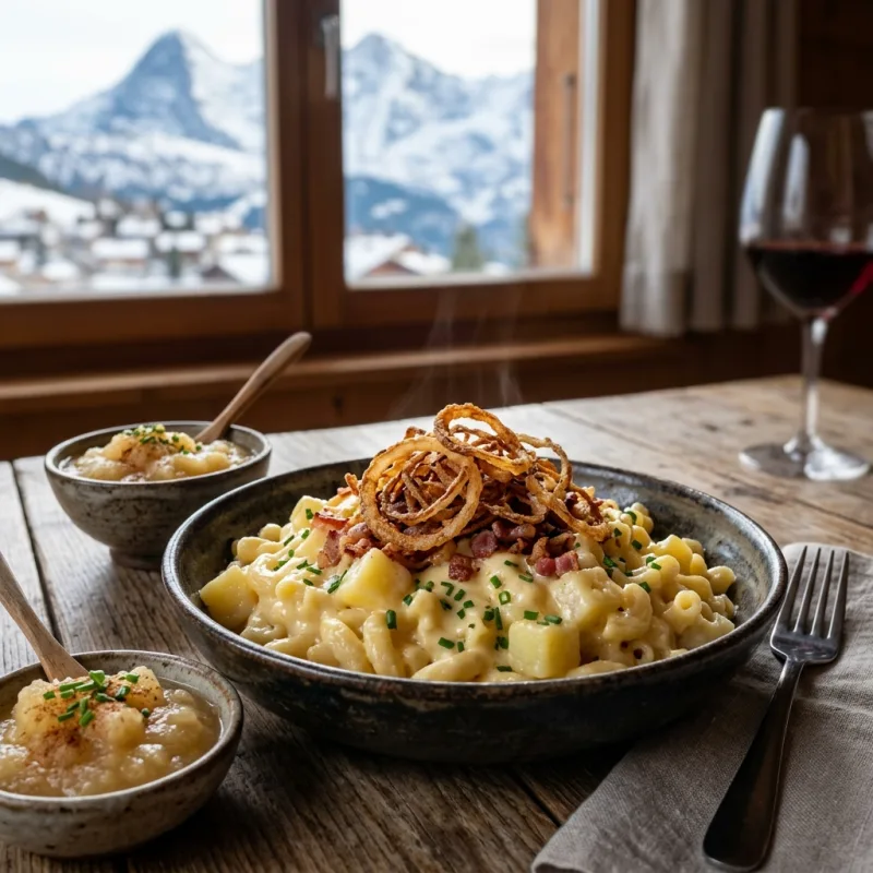 A bowl of traditional Swiss Älplermagronen with applesauce