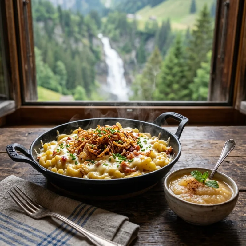 A traditional pan of Swiss Älplermagronen with cheese and crispy onions
