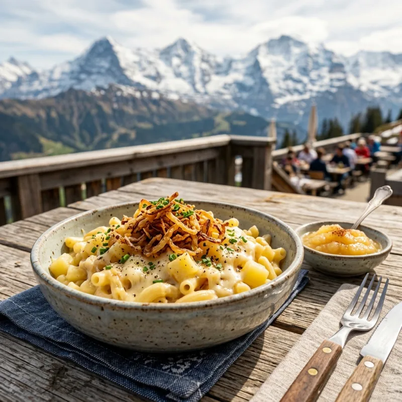 A bowl of traditional Swiss Älplermagronen served on an alpine terrace