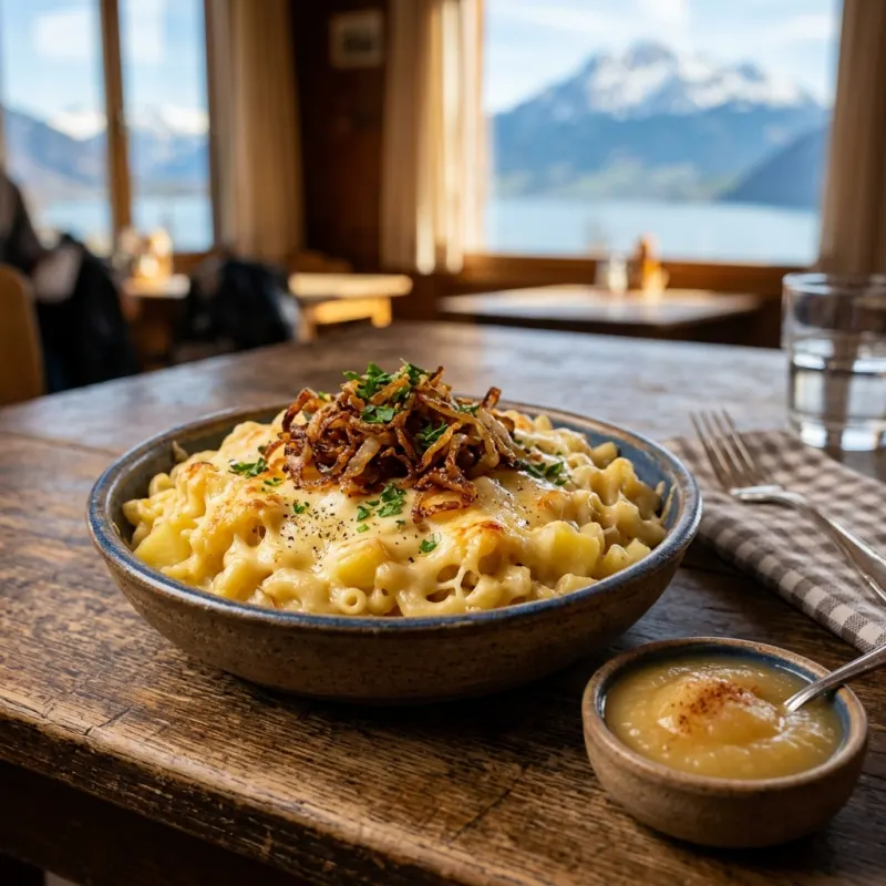 A bowl of traditional Swiss Älplermagronen with cheese and onions