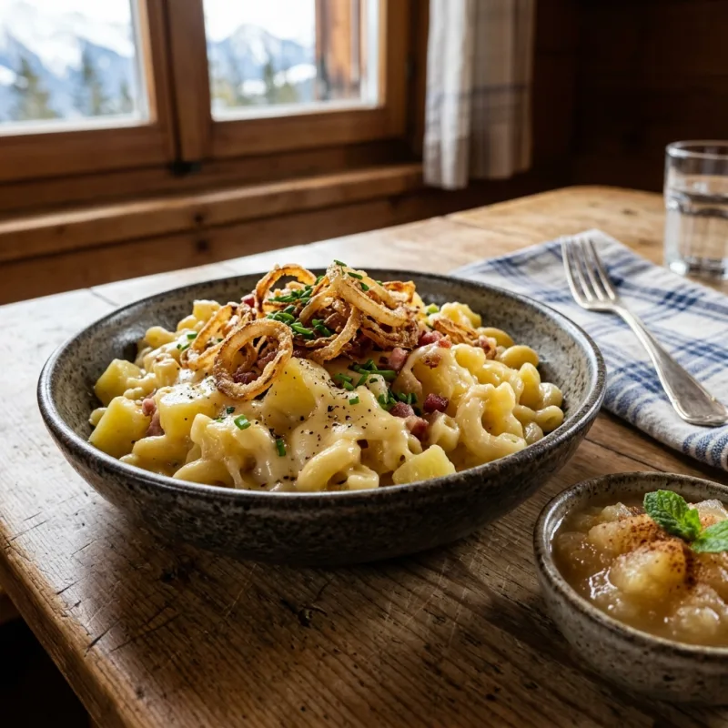 A bowl of traditional Swiss Älplermagronen with crispy onions and applesauce