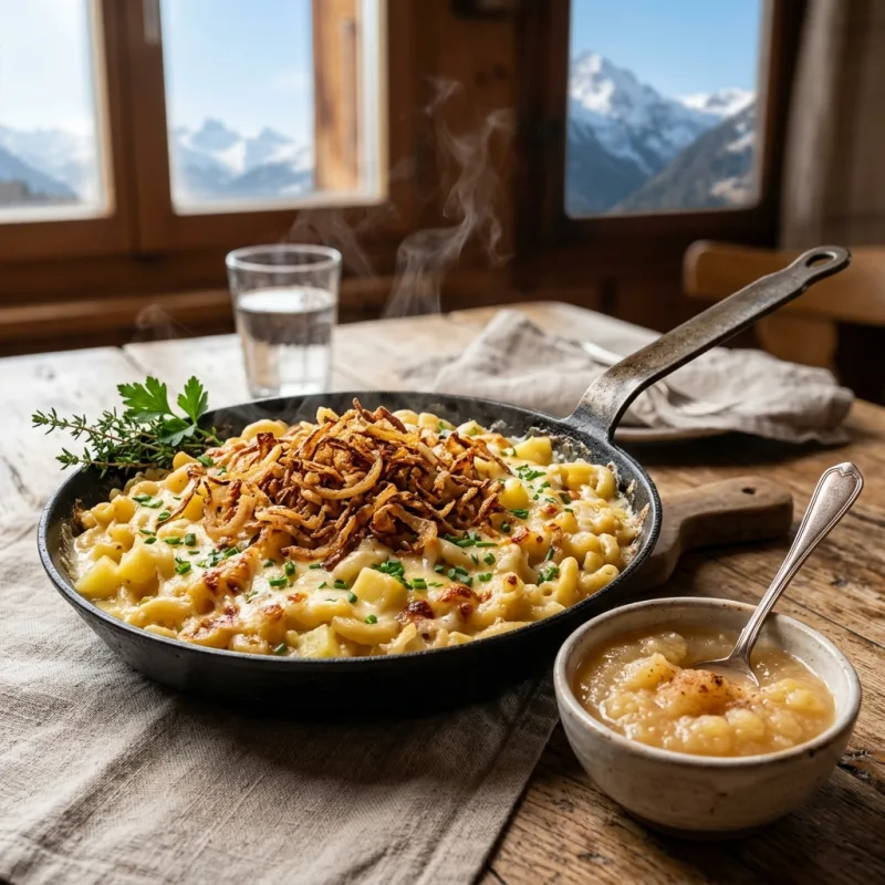 A pan of traditional Swiss Älplermagronen with applesauce