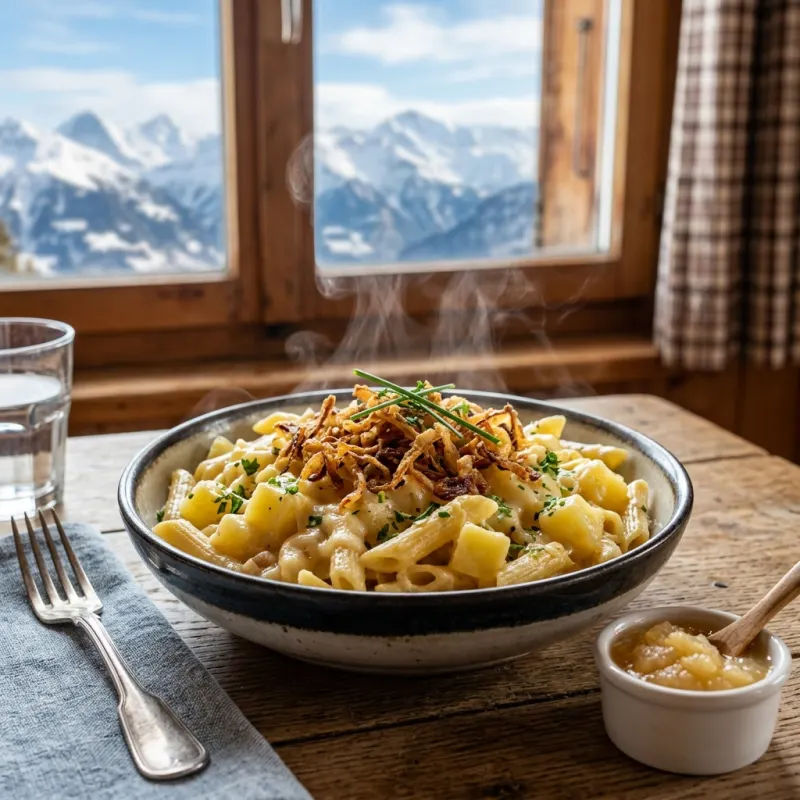 A bowl of traditional Swiss Älplermagronen with applesauce