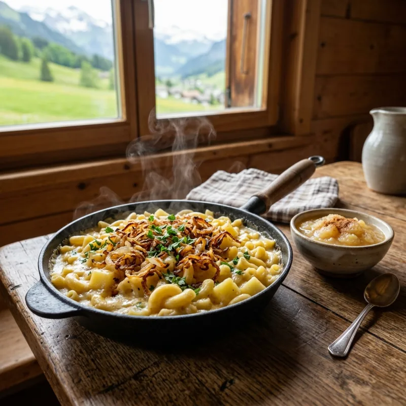 A pan of traditional Swiss Älplermagronen with applesauce