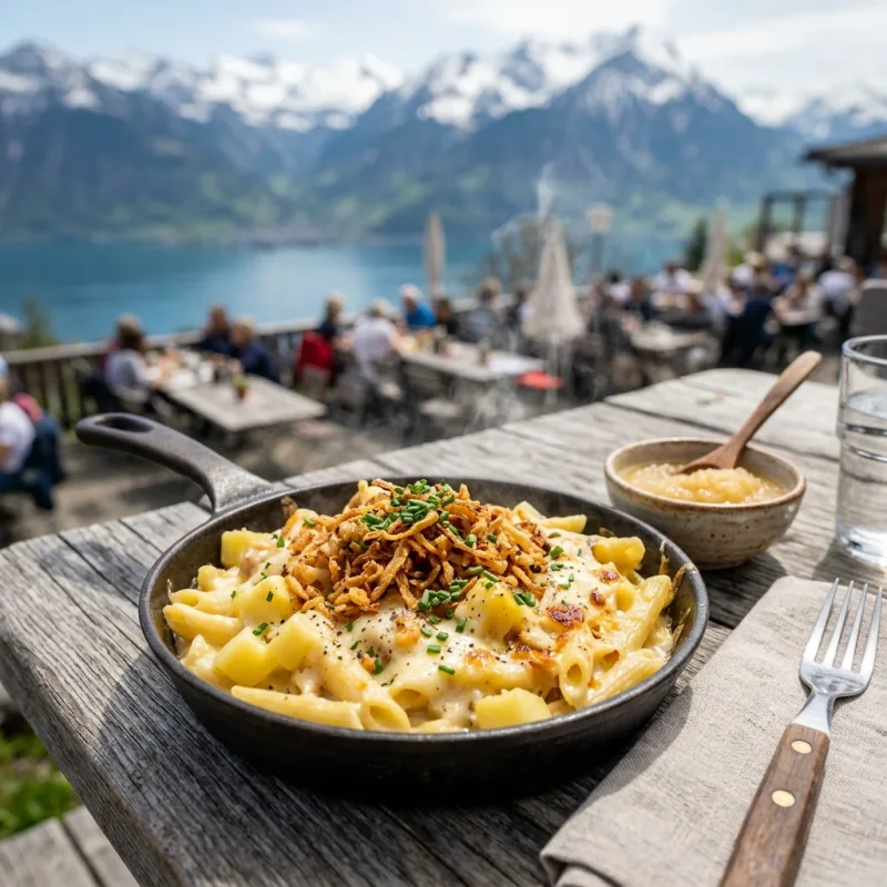 A pan of traditional Swiss Älplermagronen with applesauce
