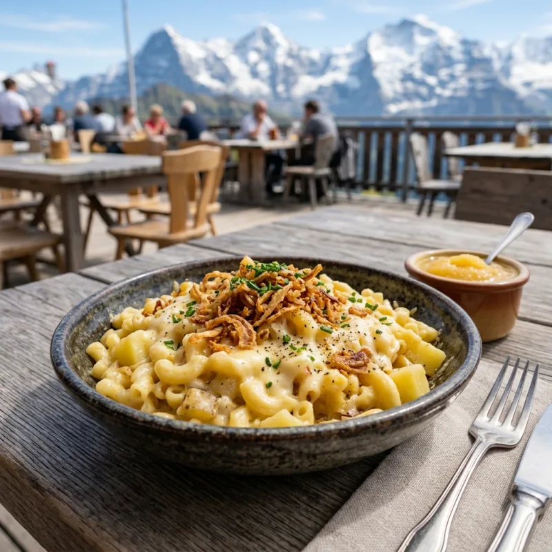 A bowl of traditional Swiss Älplermagronen with apple sauce