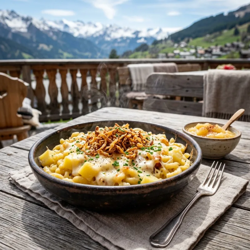 A bowl of traditional Swiss Älplermagronen with applesauce