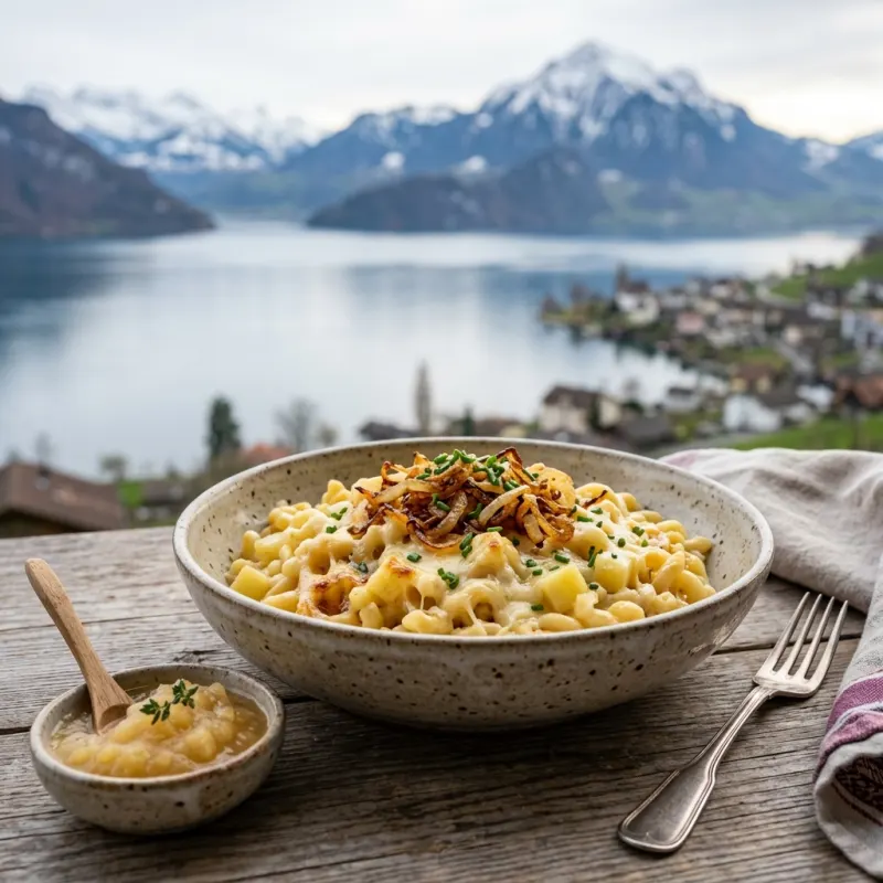 Bowl of traditional Swiss Älplermagronen with applesauce