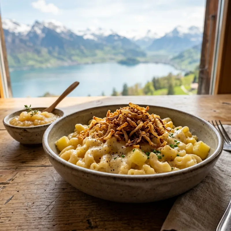 A bowl of traditional Swiss Älplermagronen with roasted onions and applesauce