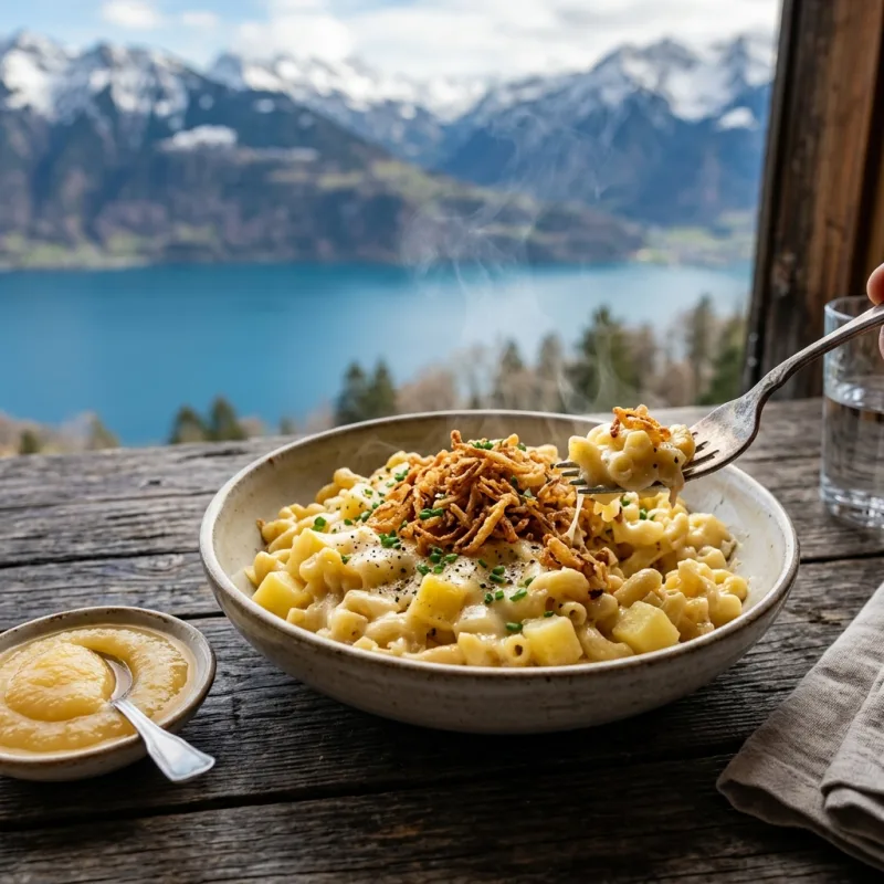 A bowl of traditional Swiss Älplermagronen with applesauce