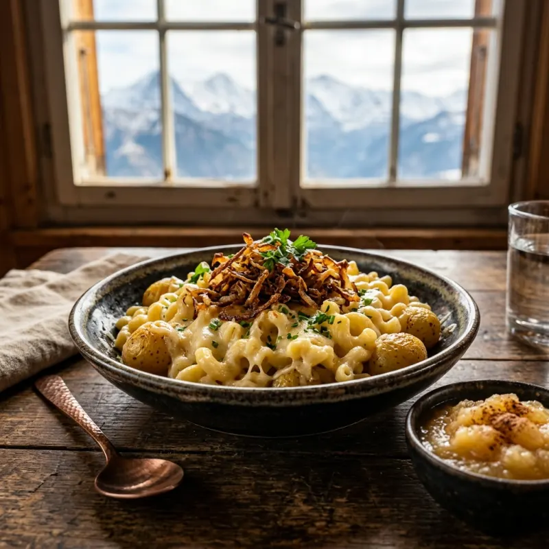 A bowl of traditional Swiss Älplermagronen with applesauce