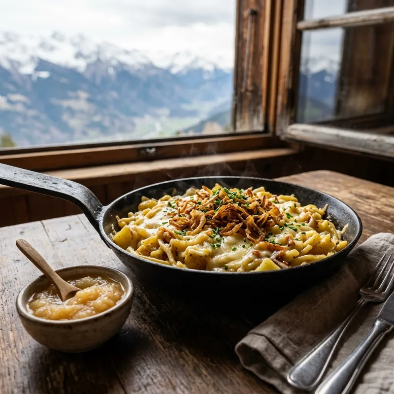A pan of traditional Swiss Älplermagronen with applesauce