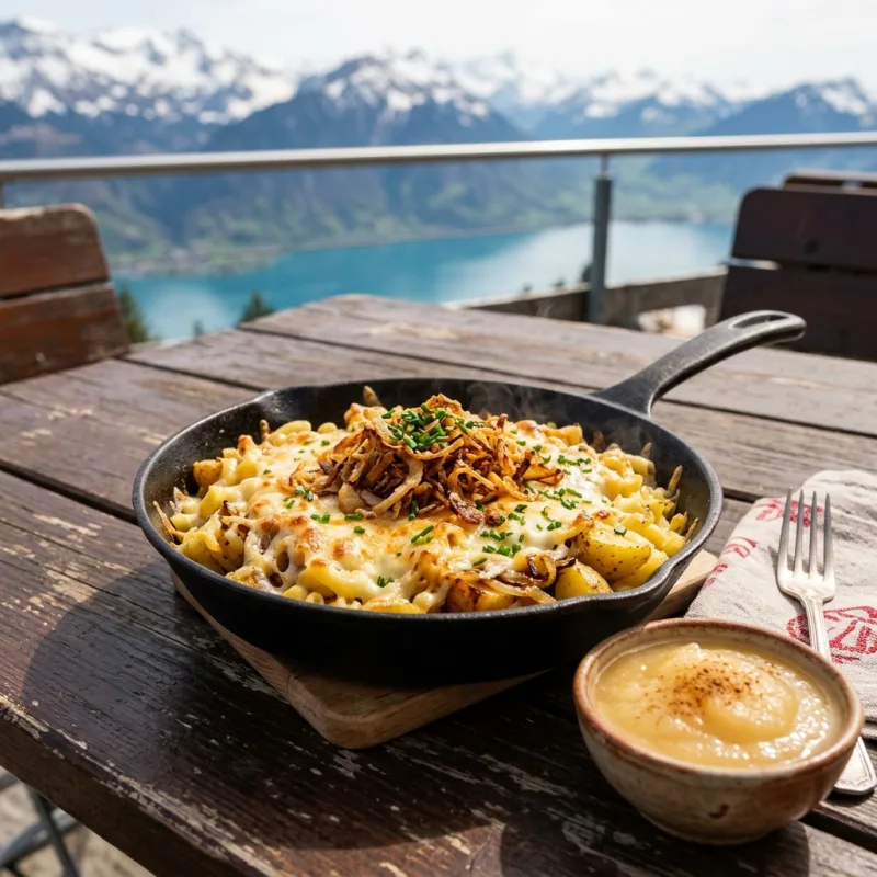 A cast-iron pan of Älplermagronen served on an Alpine terrace