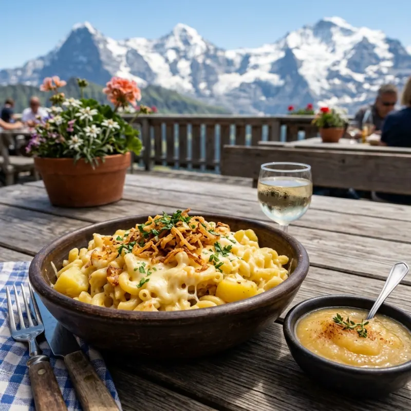 A bowl of traditional Swiss Älplermagronen with applesauce