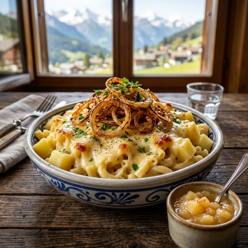 A bowl of traditional Swiss Älplermagronen with cheese and crispy onions