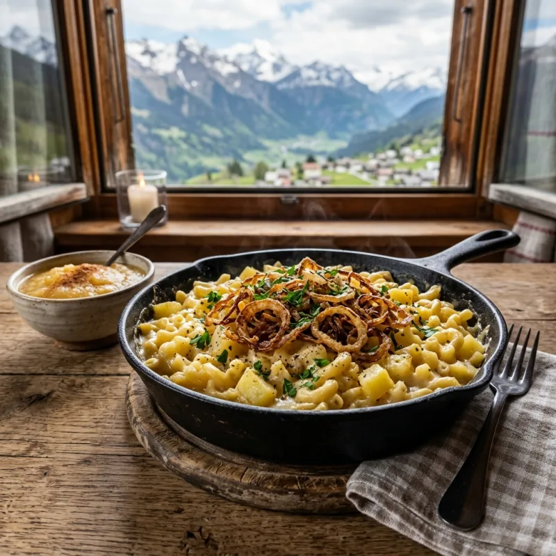 A pan of traditional Swiss Älplermagronen with applesauce