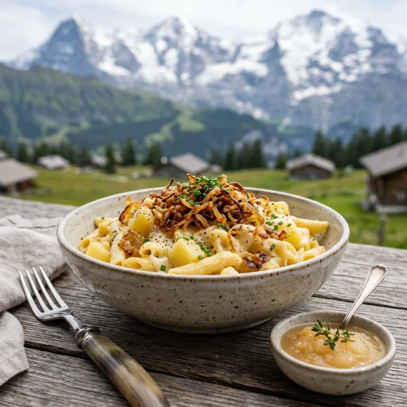 A bowl of traditional Swiss Älplermagronen with crispy onions and applesauce
