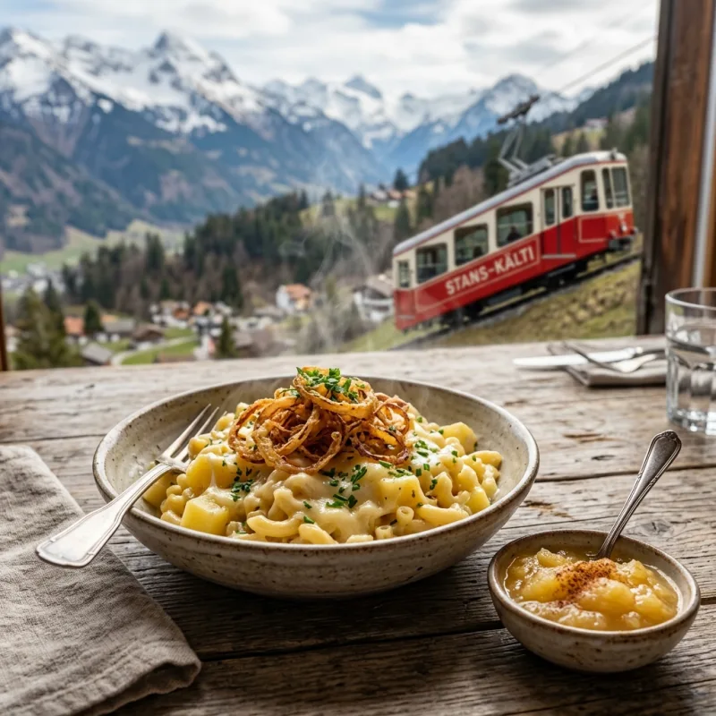 A bowl of traditional Swiss Älplermagronen with crispy onions and applesauce