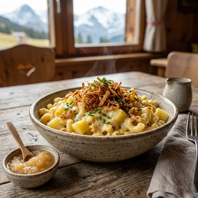 A bowl of traditional Swiss Älplermagronen with crispy onions and apple sauce