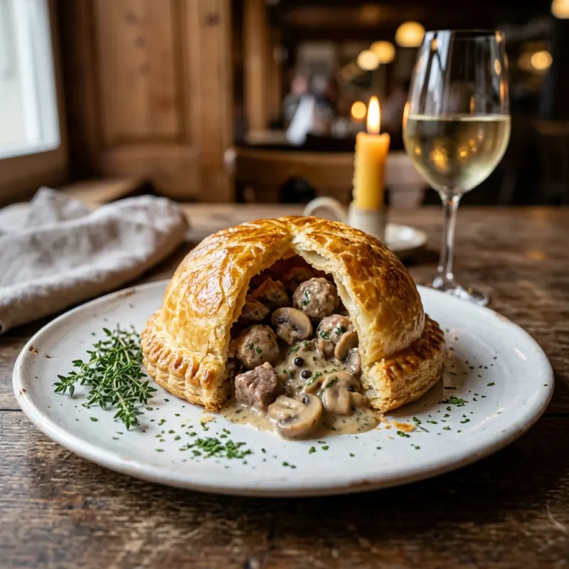 Luzerner Chügelipastete served on a ceramic plate in a Swiss tavern