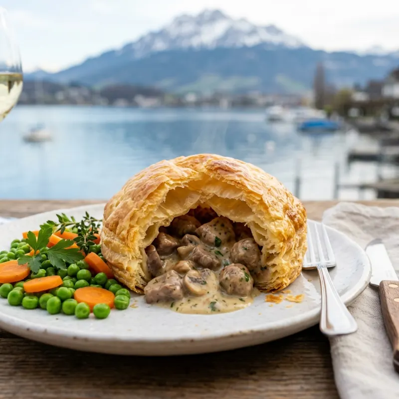 Luzerner Chügelipastete on a plate with Lake Lucerne in the background