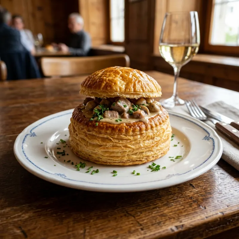 Luzerner Chügelipastete served on a plate in a Swiss tavern