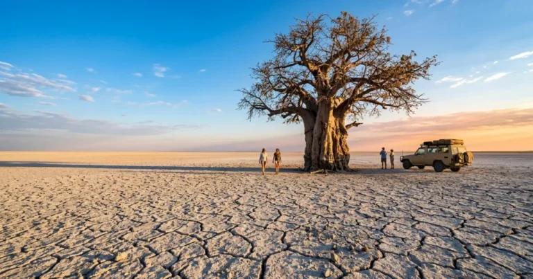 Makgadikgadi Pans 5 Vast white salt flats of Makgadikgadi Pans with an ancient baobab tree