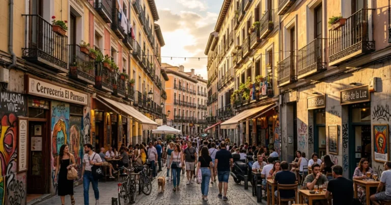 Malasana 9 A lively street scene in the Malasaña neighborhood of Madrid featuring outdoor cafes and historic buildings