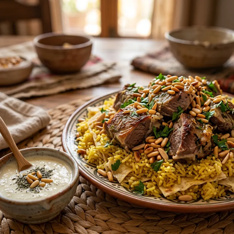 A traditional platter of Jordanian Mansaf with lamb, rice, and nuts