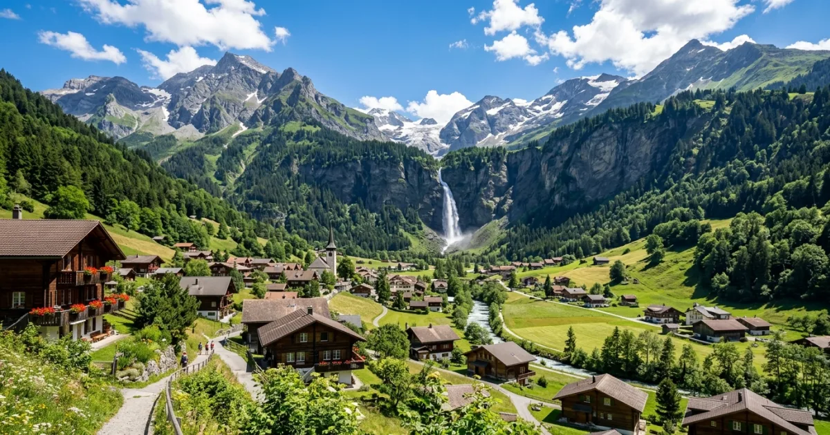 Panoramic view of Meiringen village and the Reichenbach Falls in the Swiss Alps