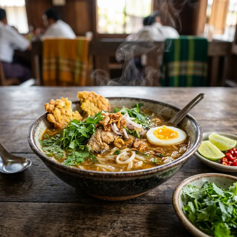 Bowl of traditional Burmese Mohinga soup