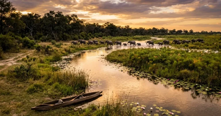 Moremi Game Reserve 6 Elephants crossing a waterway in Moremi Game Reserve, Okavango Delta