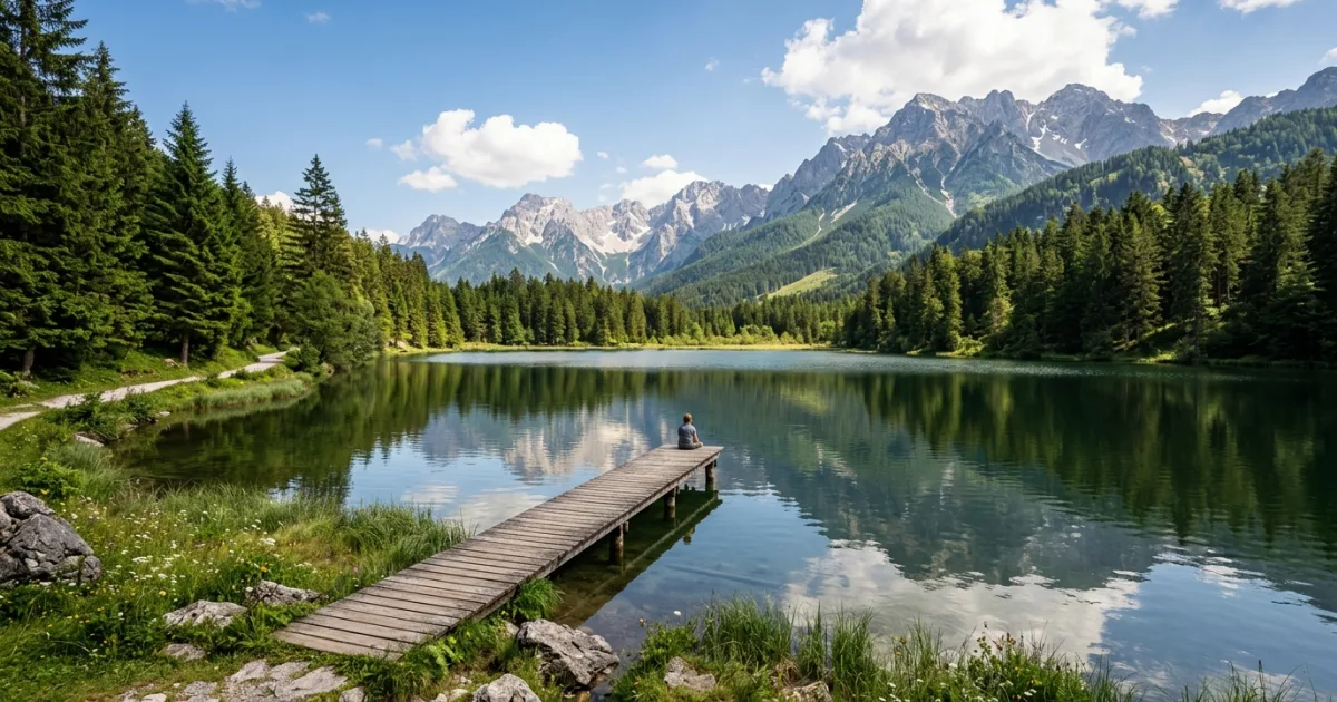 Scenic view of Moserer See surrounded by alpine forests