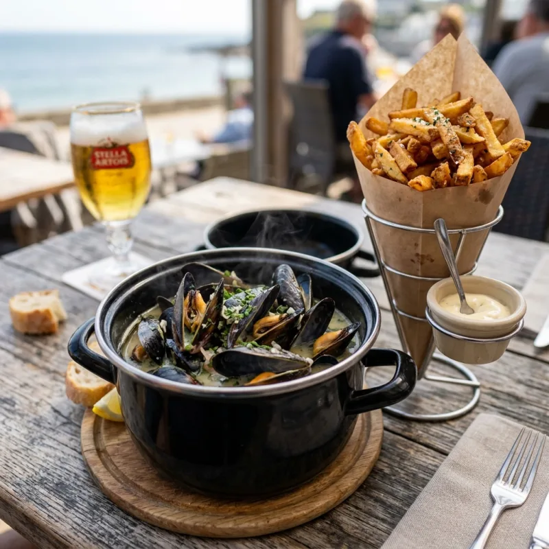 A pot of Moules-frites served at a seaside cafe