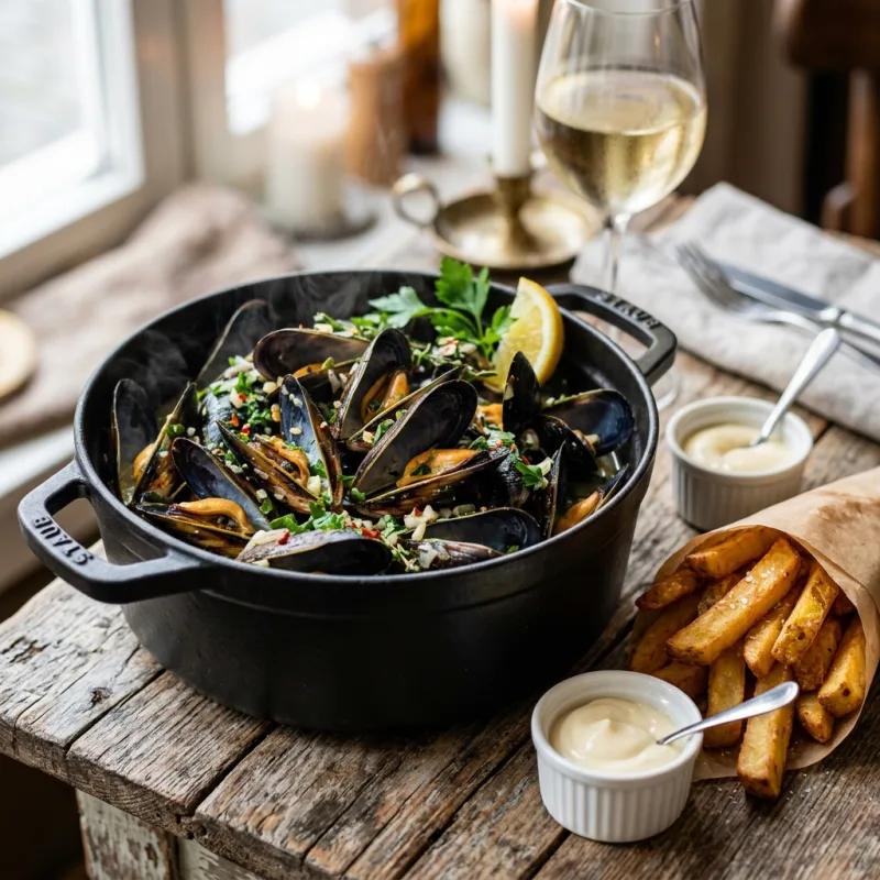 A traditional serving of Belgian Moules-Frites