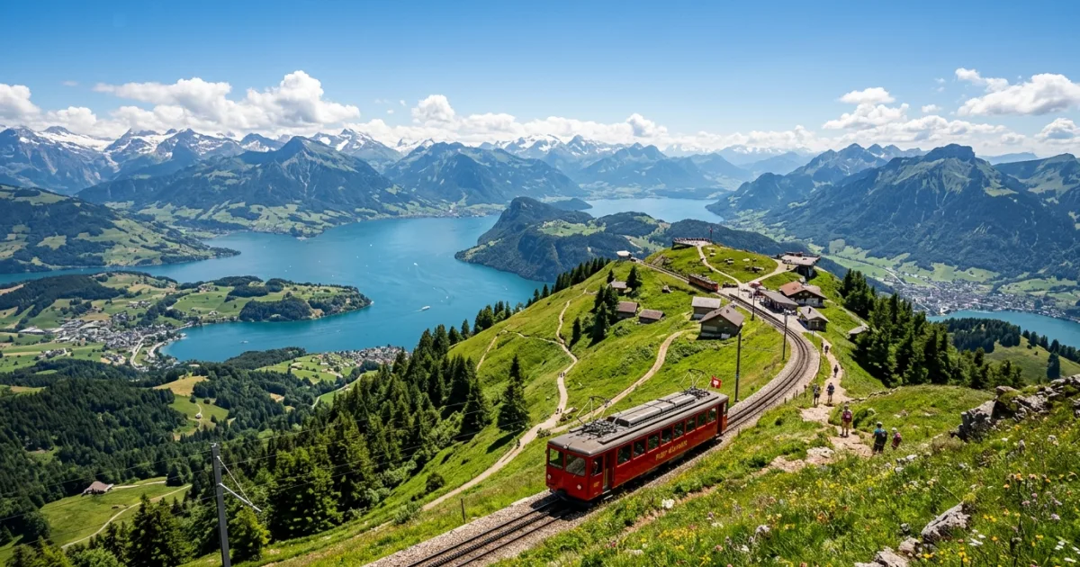 Panoramic view of Mount Rigi with the historic red cogwheel train and Lake Lucerne in the background