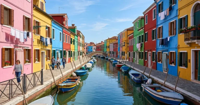 Murano & Burano 4 Colorful houses lining a canal in Burano, Italy
