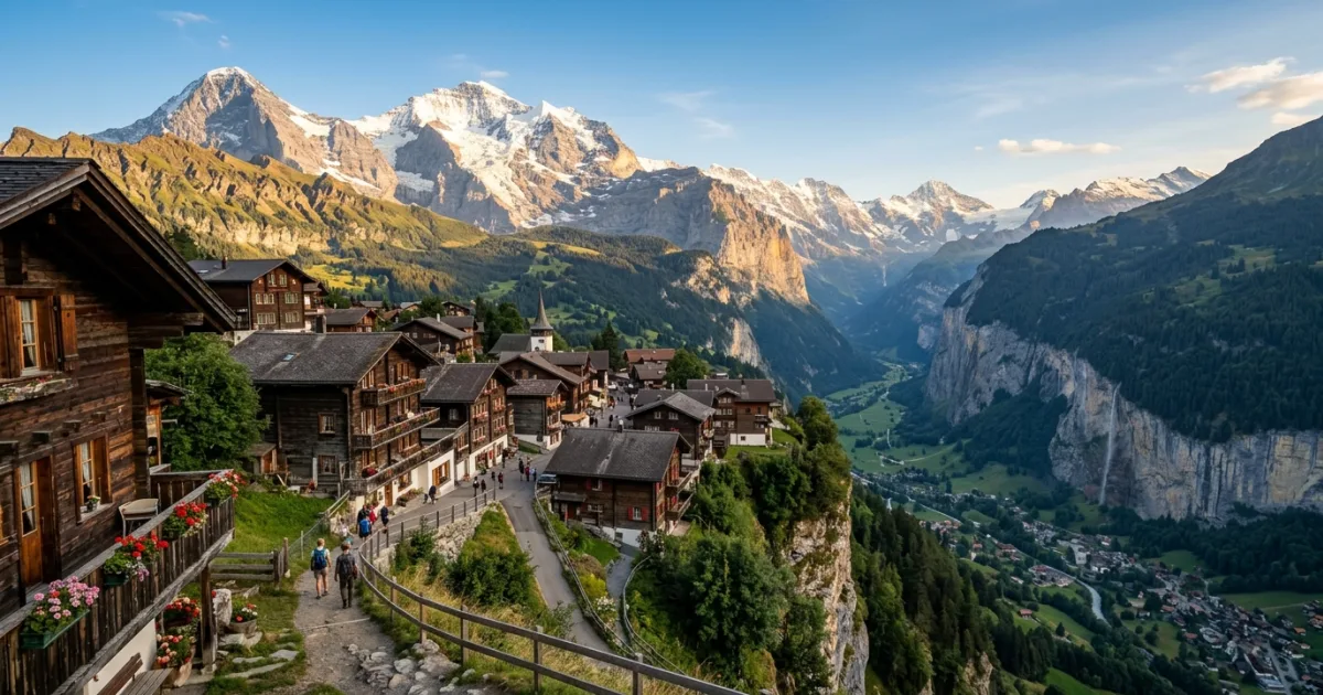 Murren 2 Panoramic view of the alpine village of Murren with the Eiger, Mönch, and Jungfrau mountains in the background