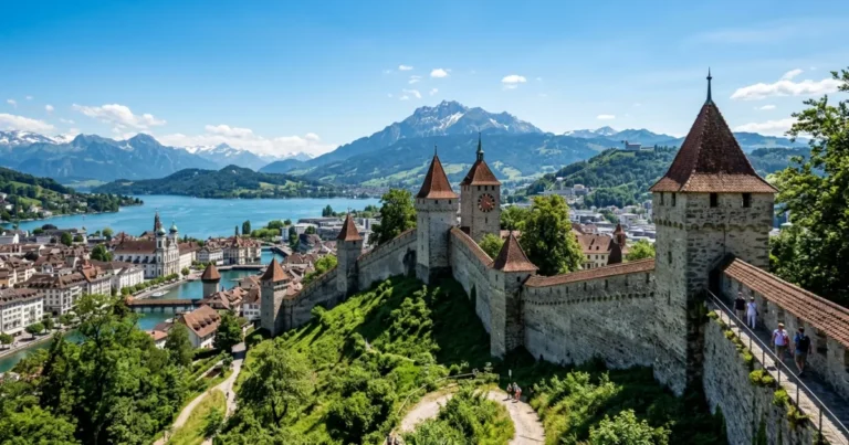 Musegg Wall 5 Panoramic view of the medieval Musegg Wall and towers overlooking Lucerne