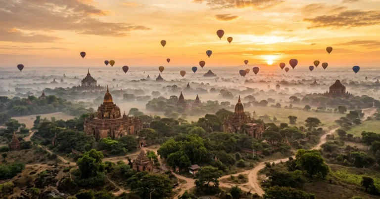 Myanmar 18 Hot air balloons flying over the ancient temples of Bagan at sunrise
