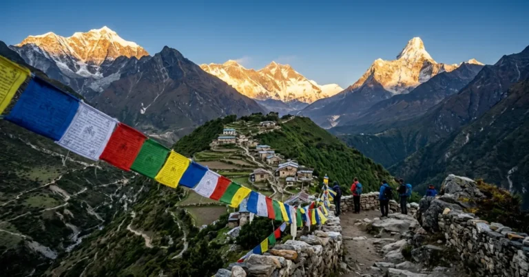 Nepal 17 Colorful prayer flags fluttering before the snow-capped peaks of the Himalayas in Nepal