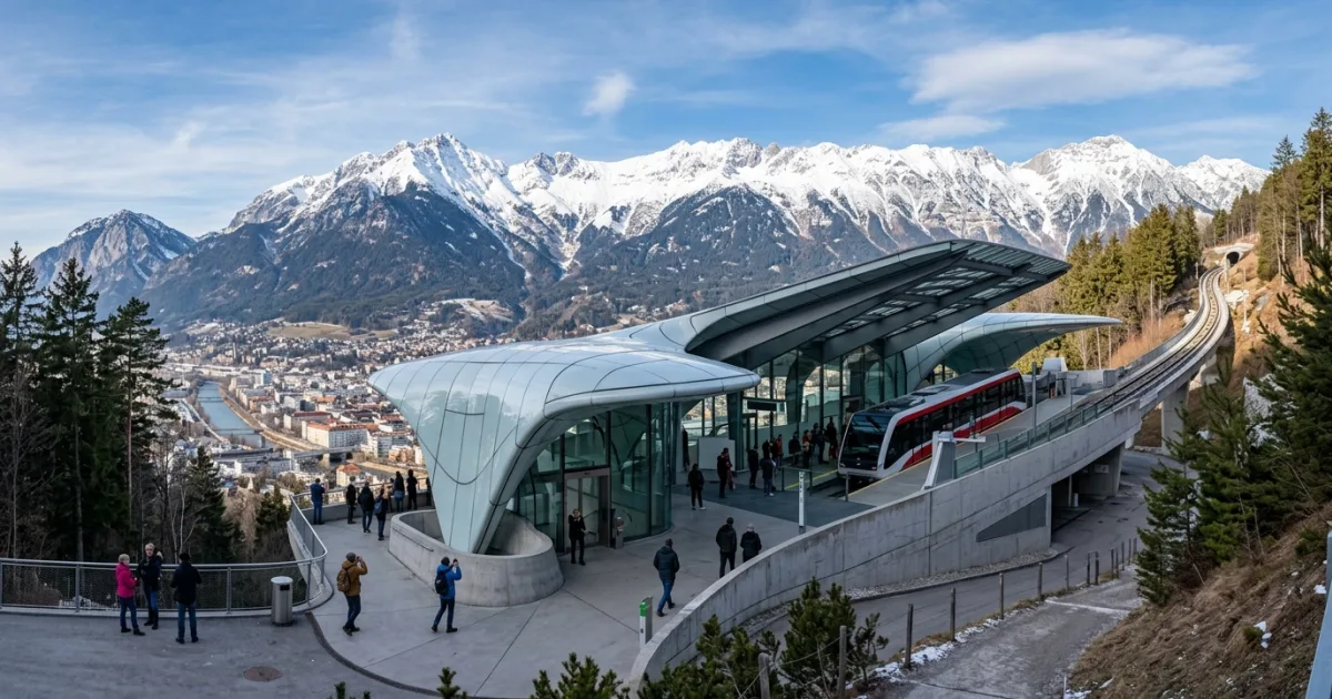 Zaha Hadid designed Hungerburgbahn station with Nordkette mountains in the background