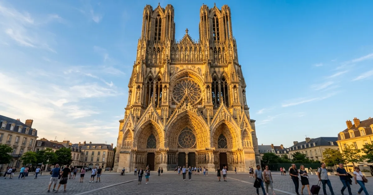 Travel Guides 10 Western facade of Notre-Dame de Reims at sunset