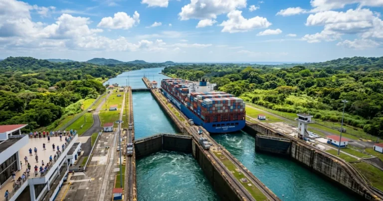 Panama 3 A large cargo ship transiting the Panama Canal surrounded by lush rainforest