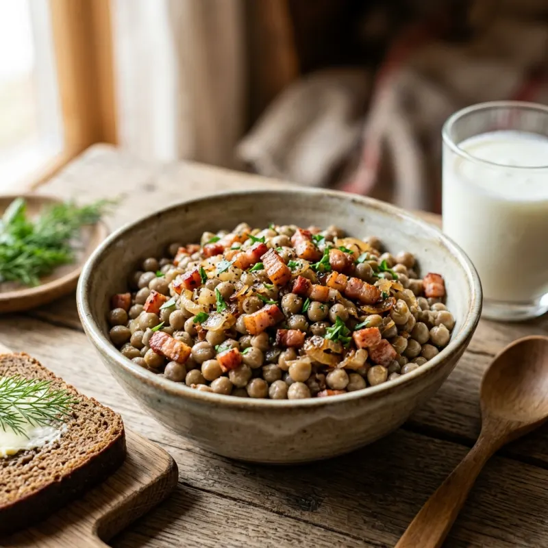 A bowl of traditional Latvian grey peas with bacon